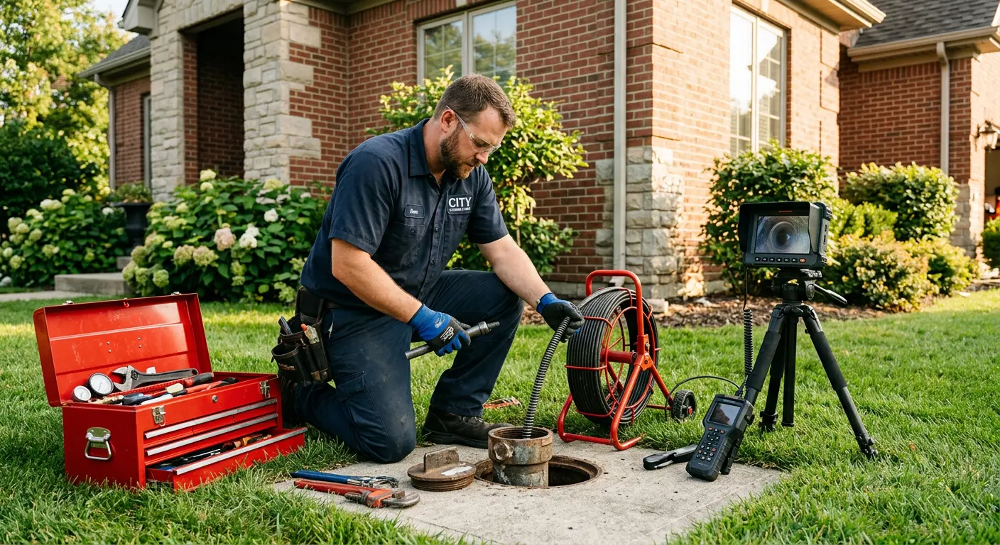 Sewer specialist with camera equipment servicing a cleanout in Taylors