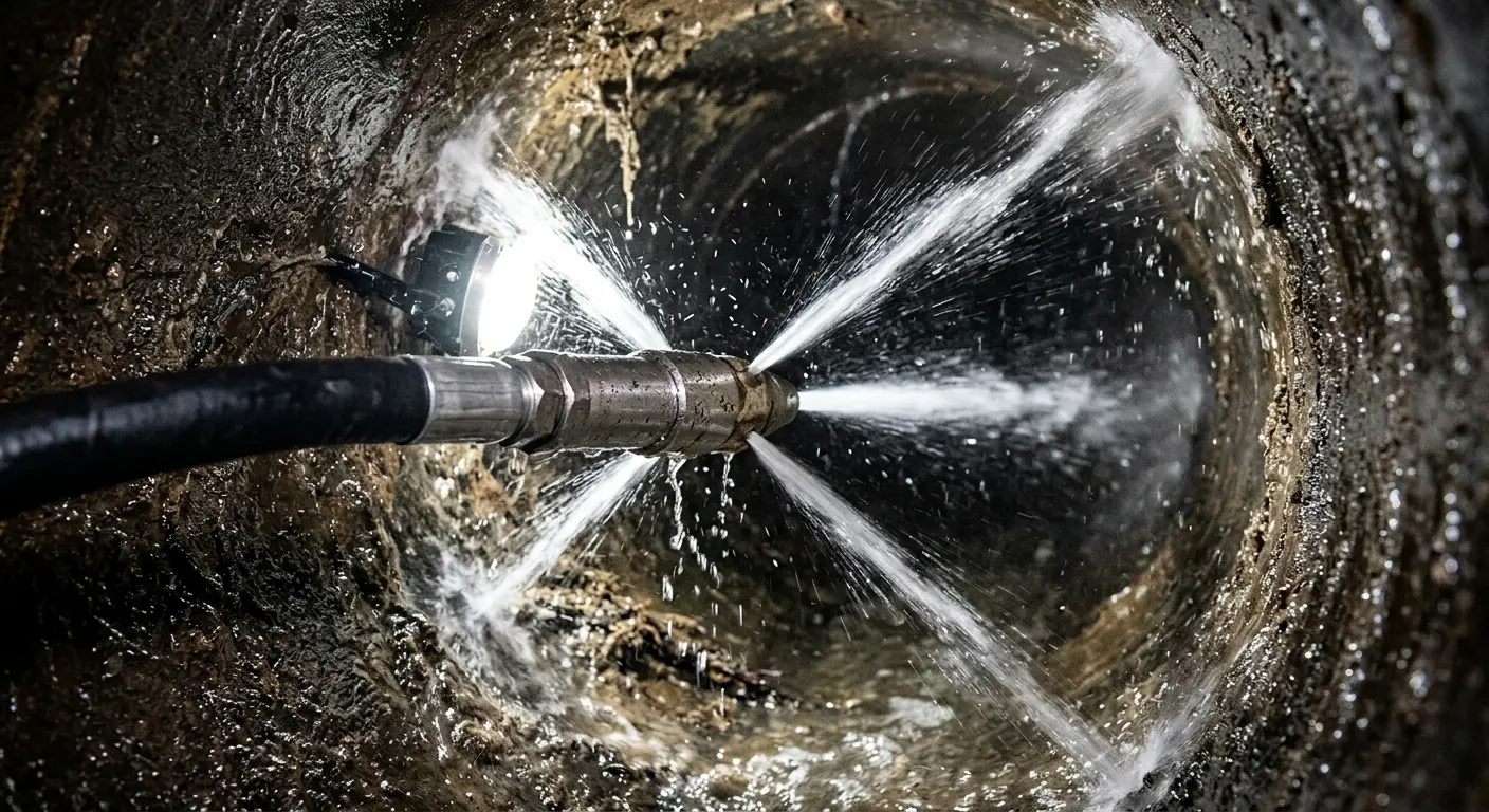 High-pressure hydro jetting nozzle cleaning sewer pipe for Emergency Drain Service in Taylors