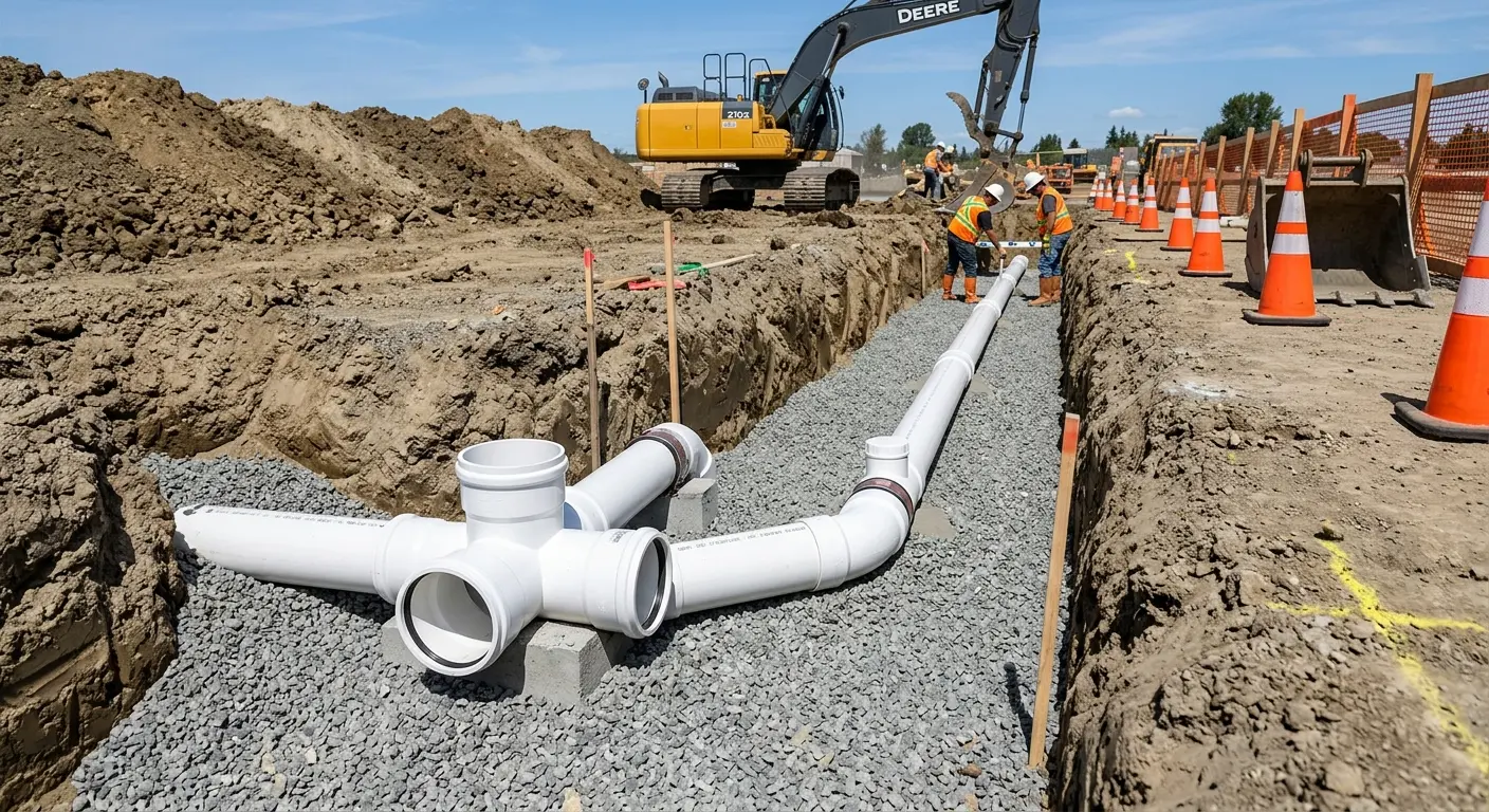 New PVC sewer pipe installation in open trench for Commercial Drain Cleaning in Taylors