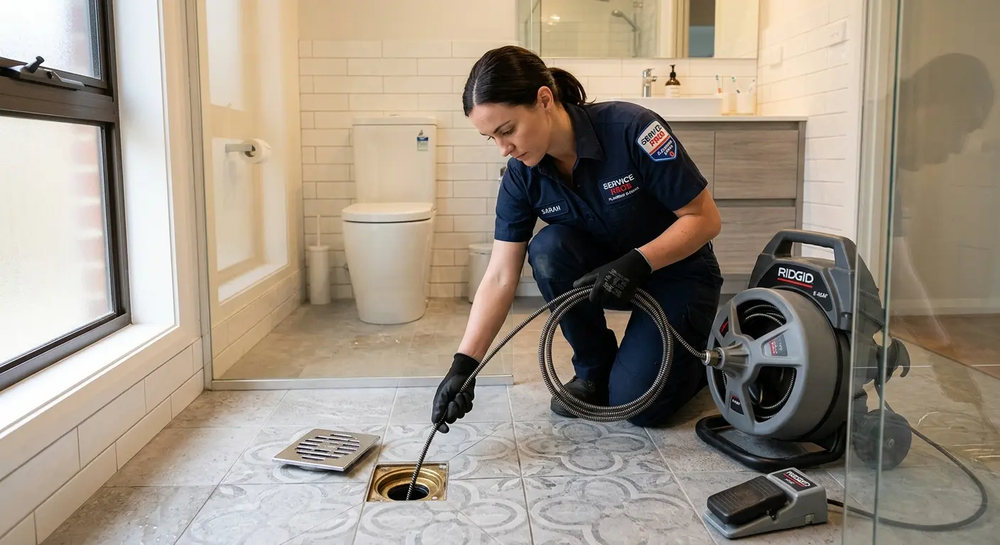 Technician clearing a bathroom floor drain for Sewer Line Replacement in Taylors